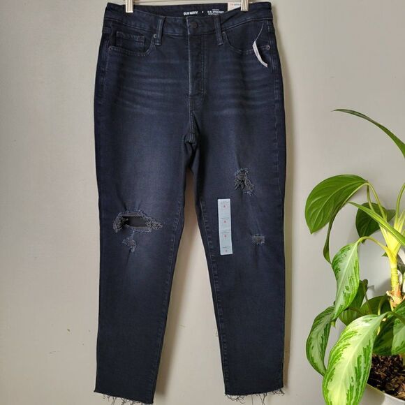 NWT OLD NAVY O.G. STRAIGHT HIGH RISE JEANS BLACK RIPPED SIZE 8 - Picture 2 of 16
